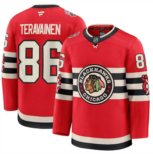 Mens Chicago Blackhawks #86 Teuvo Teravainen Red 2024-25 Winter Classic Stitched Hockey Jersey Dzhi